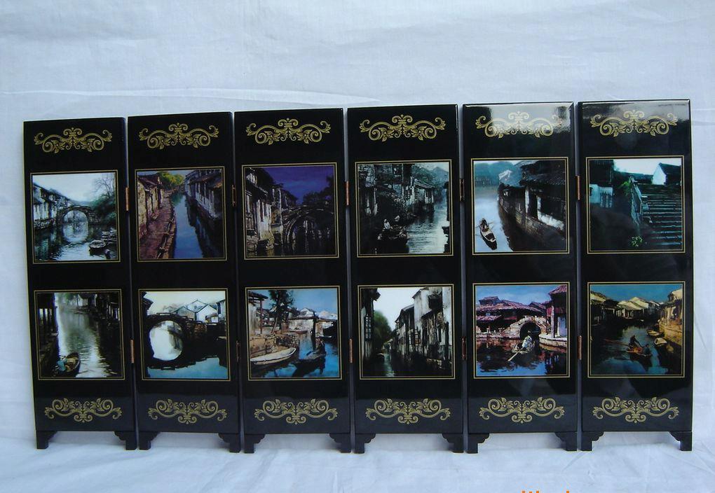 廠家批量漆器小屏風:水鄉圖、中國特色工藝品、家居裝飾品